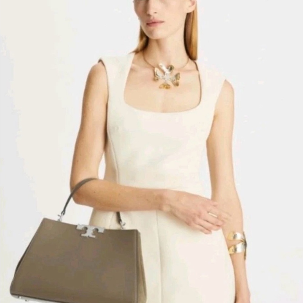 Tory Burch Eleanor Pebbled Satchel Wild Mushroom Leather Suede Bag - Picture 7 of 8